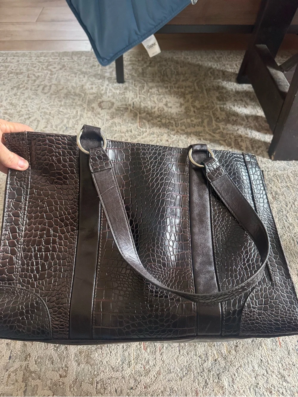 Vintage Coldwater Creek Dark Brown Faux Croc-Embossed Vegan Leather Tote Bag